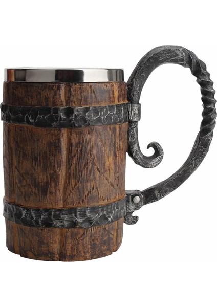 Premium Paslanmaz Çelik Iç Hazneli Ahşap Görünümlü Viking Bira Kupası – Varil Tasarım 650 ml