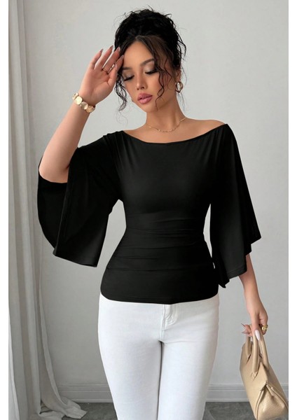 Kadın Beyaz Kayık Yaka Flare Kol Drapeli Fit Bluz