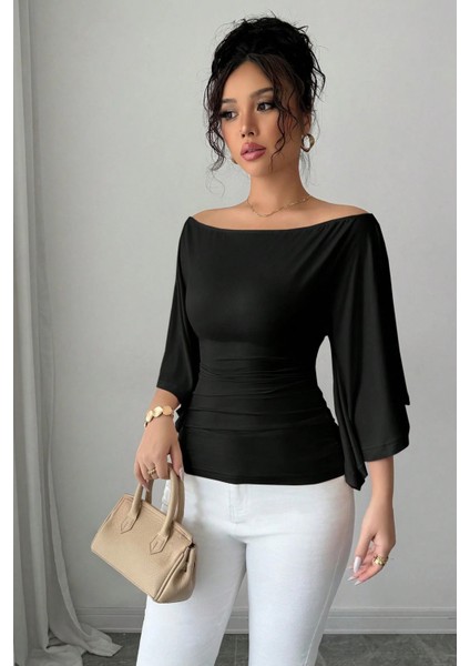 Kadın Beyaz Kayık Yaka Flare Kol Drapeli Fit Bluz fiyatları