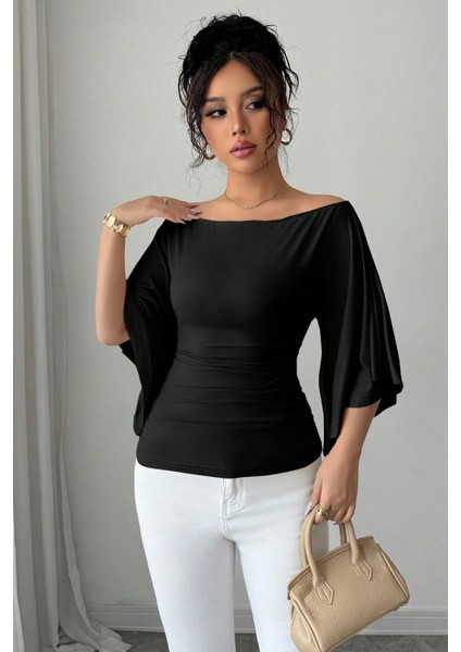 Kadın Beyaz Kayık Yaka Flare Kol Drapeli Fit Bluz fırsatları