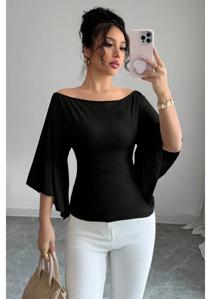 Kadın Beyaz Kayık Yaka Flare Kol Drapeli Fit Bluz indirimleri