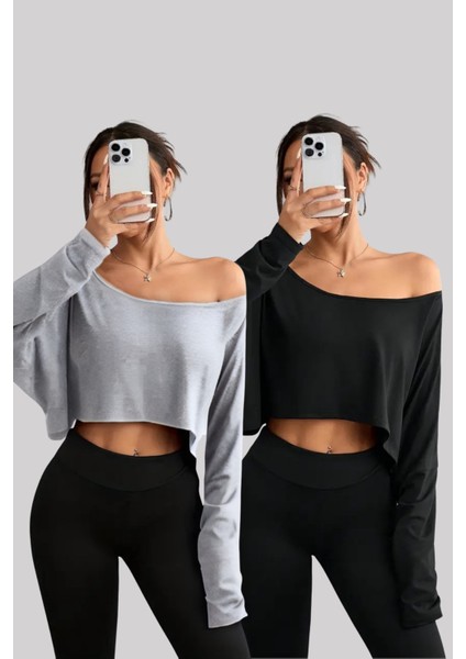 Siyah - Gri 2li Kadın Düşük Omuz Kayık Yaka Oversize Uzun Kollu Crop T-Shirt