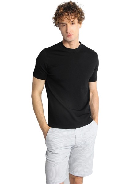 Siyah Standart Fit Dar Kalıp Bisiklet Yaka Düz Kısa Kollu Triko Tişört