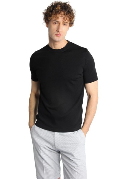 Siyah Standart Fit Dar Kalıp Bisiklet Yaka Düz Kısa Kollu Triko Tişört fiyatları