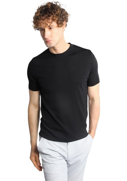 Siyah Standart Fit Dar Kalıp Bisiklet Yaka Düz Kısa Kollu Triko Tişört modelleri