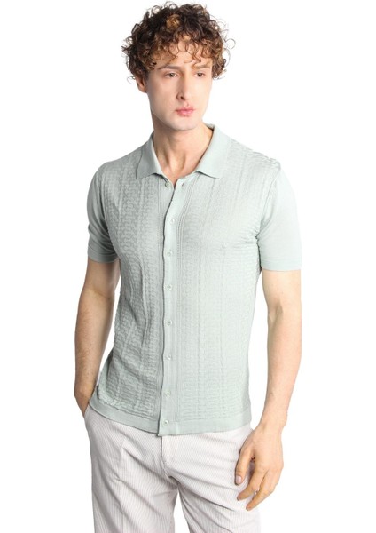 Açık Yeşil Slim Fit Dar Kalıp Düğmeli Polo Yaka Desenli Kısa Kollu Triko Tişört