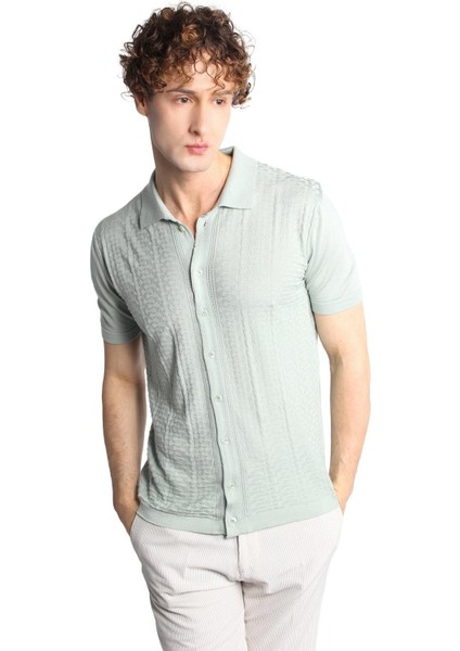 Açık Yeşil Slim Fit Dar Kalıp Düğmeli Polo Yaka Desenli Kısa Kollu Triko Tişört fiyatları