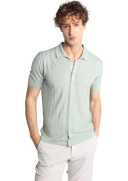 Açık Yeşil Slim Fit Dar Kalıp Düğmeli Polo Yaka Desenli Kısa Kollu Triko Tişört modelleri