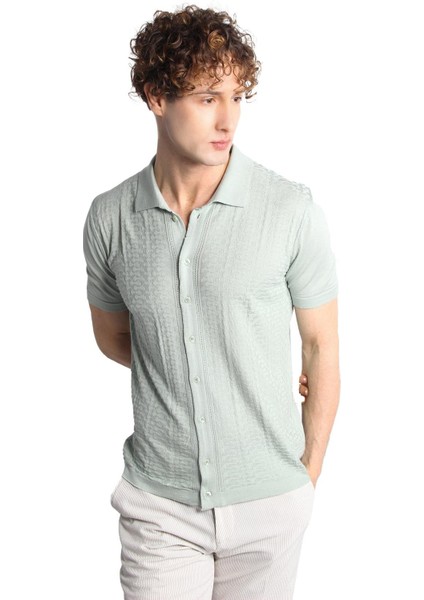 Açık Yeşil Slim Fit Dar Kalıp Düğmeli Polo Yaka Desenli Kısa Kollu Triko Tişört fırsatları