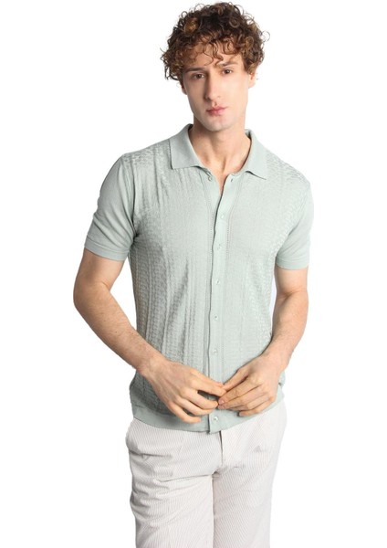 Açık Yeşil Slim Fit Dar Kalıp Düğmeli Polo Yaka Desenli Kısa Kollu Triko Tişört indirimleri