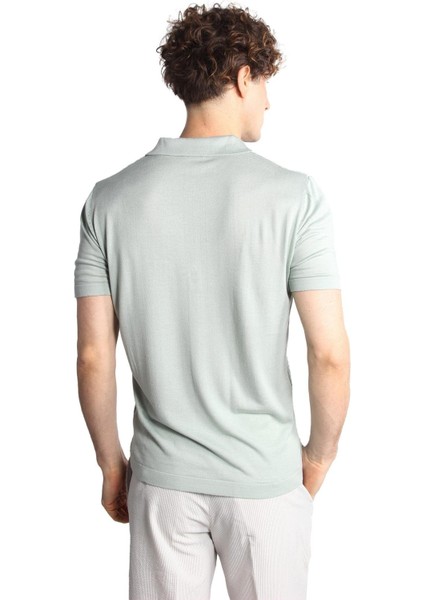 Açık Yeşil Slim Fit Dar Kalıp Düğmeli Polo Yaka Desenli Kısa Kollu Triko Tişört
