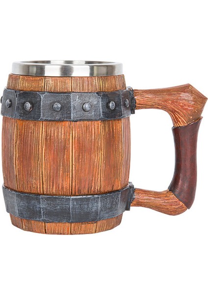 Paslanmaz Çelik Iç Hazneli Kulplu Ahşap Görünümlü Viking Bira Kupası – Varil Tasarım 600 ml