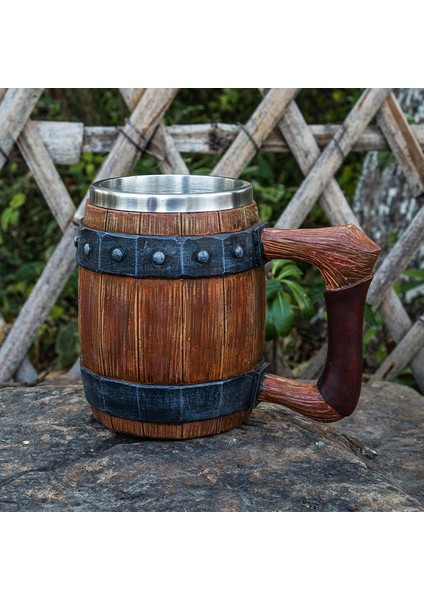 Paslanmaz Çelik Iç Hazneli Kulplu Ahşap Görünümlü Viking Bira Kupası – Varil Tasarım 600 ml indirimleri