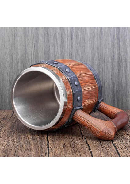 Paslanmaz Çelik Iç Hazneli Kulplu Ahşap Görünümlü Viking Bira Kupası – Varil Tasarım 600 ml