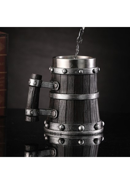 Premium Paslanmaz Çelik Iç Hazneli Ahşap Görünümlü Viking Bira Kupası – Varil Tasarım 600 ml