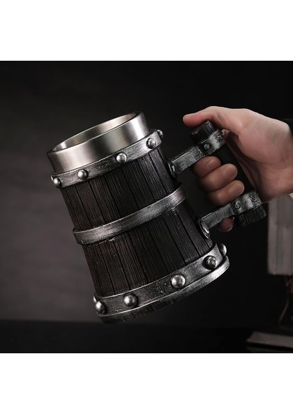 Premium Paslanmaz Çelik Iç Hazneli Ahşap Görünümlü Viking Bira Kupası – Varil Tasarım 600 ml