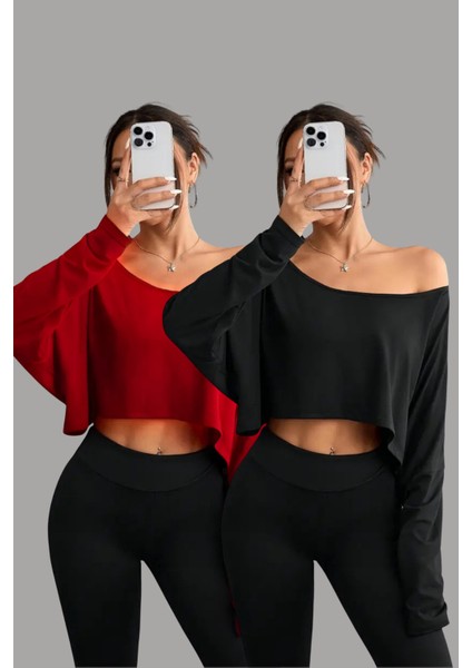 Kırmızı - Siyah 2li Kadın Düşük Omuz Kayık Yaka Oversize Uzun Kollu Crop T-Shirt