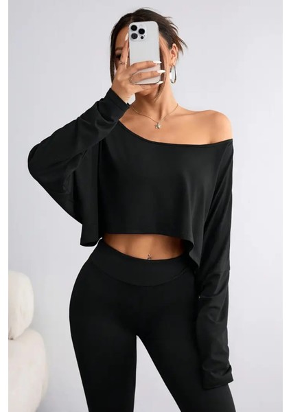 Kırmızı - Siyah 2li Kadın Düşük Omuz Kayık Yaka Oversize Uzun Kollu Crop T-Shirt fırsatları