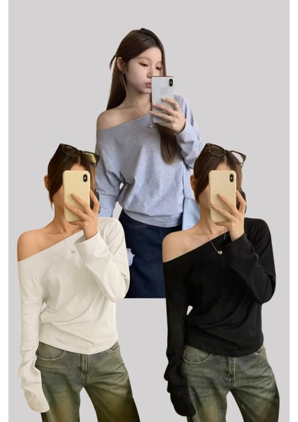 Siyah Beyaz Gri 3 Lü Paket Kadın Düşük Omuz Kayık Yaka Oversize Uzun Kollu T-Shirt