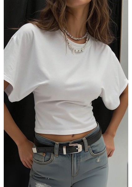 Kadın Beyaz Yarasa Kol Belden Oturtmalı Pamuklu T-Shirt