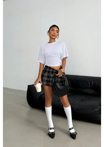 Kadın Beyaz Yarasa Kol Belden Oturtmalı Pamuklu T-Shirt modelleri