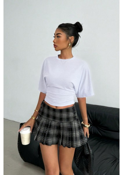 Kadın Beyaz Yarasa Kol Belden Oturtmalı Pamuklu T-Shirt