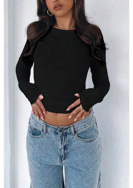 Kadın Bisiklet Yaka Basic Uzun Kollu Likralı Body