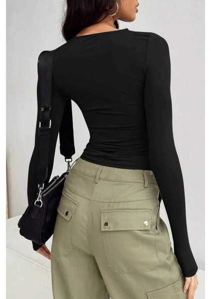 Kadın Bisiklet Yaka Basic Uzun Kollu Likralı Body fırsatları