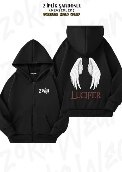 Unisex Copia De Copia De Lucifer Baskılı Oversize Sırt Baskılı Fermuarlı Kapşonlu Hırka