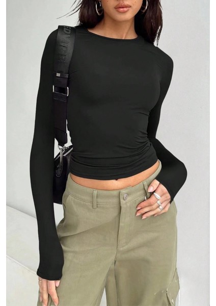 Kadın Bisiklet Yaka Basic Uzun Kollu Likralı Body