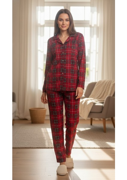 Ekose Desenli Önden Düğmeli Süet Kadın Pijama Takımı