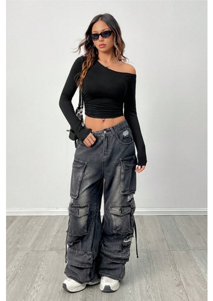 Kadın Asimetrik Yaka Uzun Kollu Crop T-Shirt Siyah modelleri