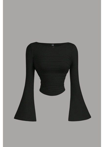 Kadın Likralı Drapeli Uzun Ispanyol Kollu Crop Bluz