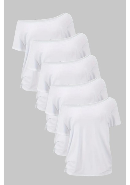 Beyaz 5li Paket Kadın Düşük Omuz Kayık Yaka Oversize T-Shirt
