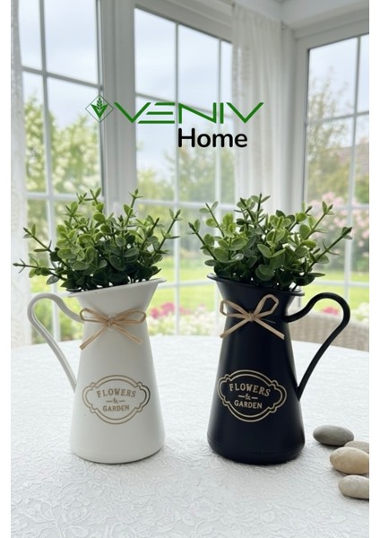 2 Adet Dekoratif Beyaz & Siyah Bitkili Saksı Set- Yapay Bitkiler Dahil- 18 cm