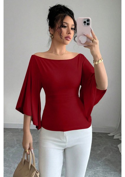 Kadın Beyaz Kayık Yaka Flare Kol Drapeli Fit Bluz