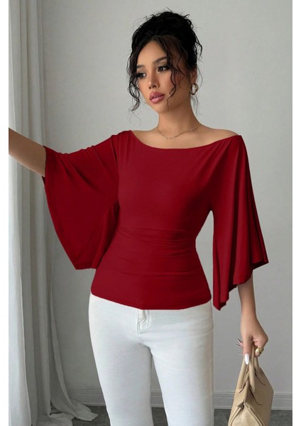 Kadın Beyaz Kayık Yaka Flare Kol Drapeli Fit Bluz fiyatları