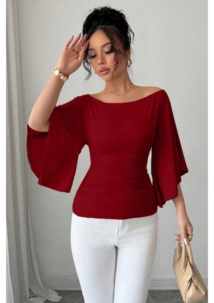 Kadın Beyaz Kayık Yaka Flare Kol Drapeli Fit Bluz modelleri