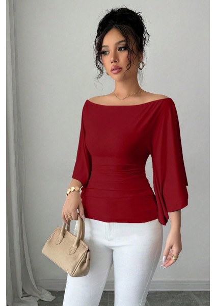Kadın Beyaz Kayık Yaka Flare Kol Drapeli Fit Bluz fırsatları