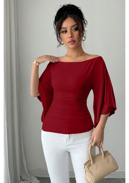 Kadın Beyaz Kayık Yaka Flare Kol Drapeli Fit Bluz indirimleri