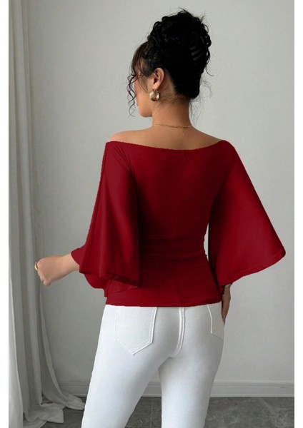 Kadın Beyaz Kayık Yaka Flare Kol Drapeli Fit Bluz