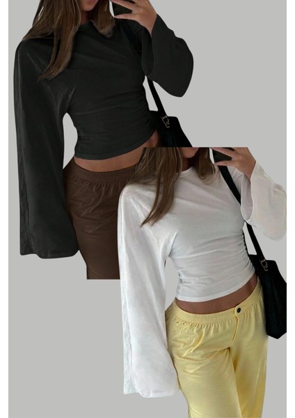 Siyah - Beyaz 2li Paket Kadın Uzun Kollu Belden Oturtmalı Bluz