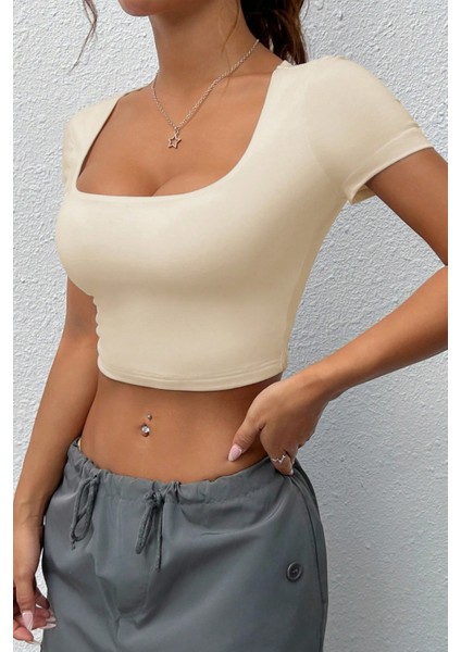 Kadın Kare Yaka Kısa Kollu Yazlık Basic Crop Tişört fırsatları