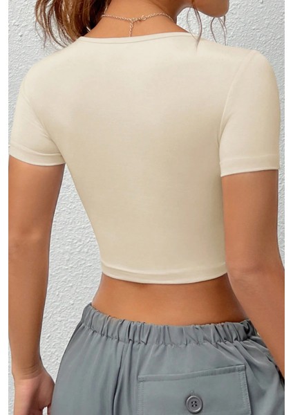 Kadın Kare Yaka Kısa Kollu Yazlık Basic Crop Tişört indirimleri