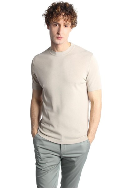 Taş Standart Fit Dar Kalıp Bisiklet Yaka Düz Kısa Kollu Triko Tişört