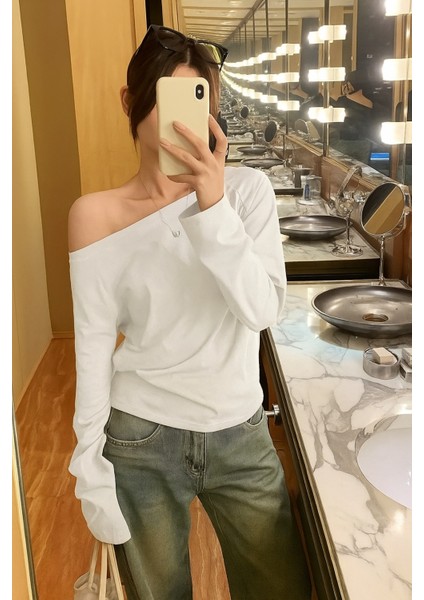 Siyah Beyaz Lacivert 3 Lü Paket Kadın Düşük Omuz Kayık Yaka Oversize Uzun Kollu T-Shirt modelleri