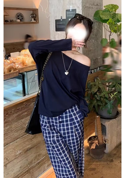 Siyah Beyaz Lacivert 3 Lü Paket Kadın Düşük Omuz Kayık Yaka Oversize Uzun Kollu T-Shirt fırsatları