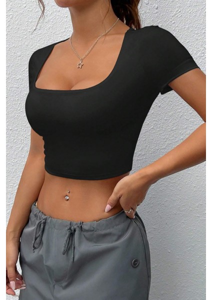 Kadın Kare Yaka Kısa Kollu Yazlık Basic Crop Tişört fırsatları