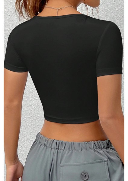 Kadın Kare Yaka Kısa Kollu Yazlık Basic Crop Tişört