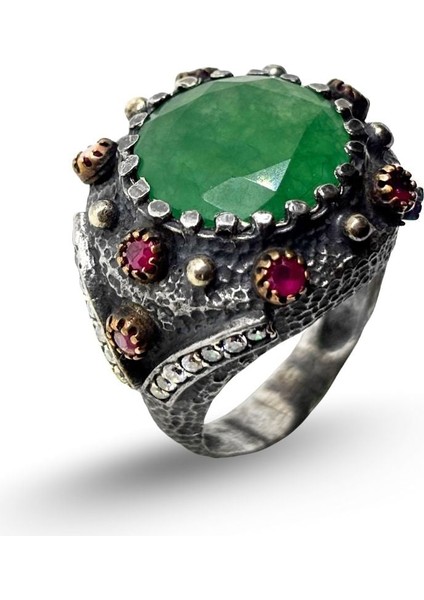 Otantik Doğal Zümrüt Taşlı Gümüş Vintage Kadın Yüzük